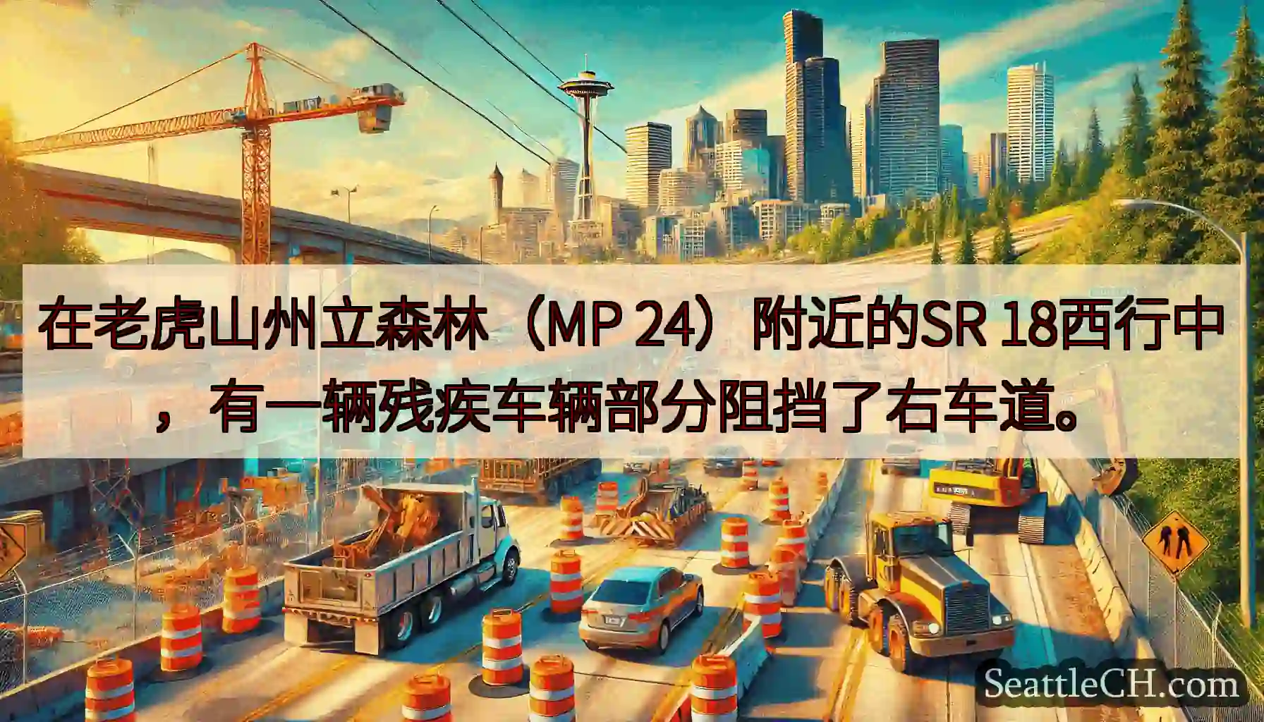 在老虎山州立森林（MP 24）附近的SR 18西行中，有一辆残疾车辆部分阻挡了右车道。
