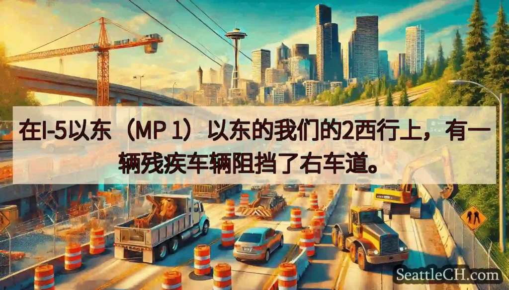 在I-5以东（MP 1）以东的我们的2西行上，有一辆残疾车辆阻挡了右车道。