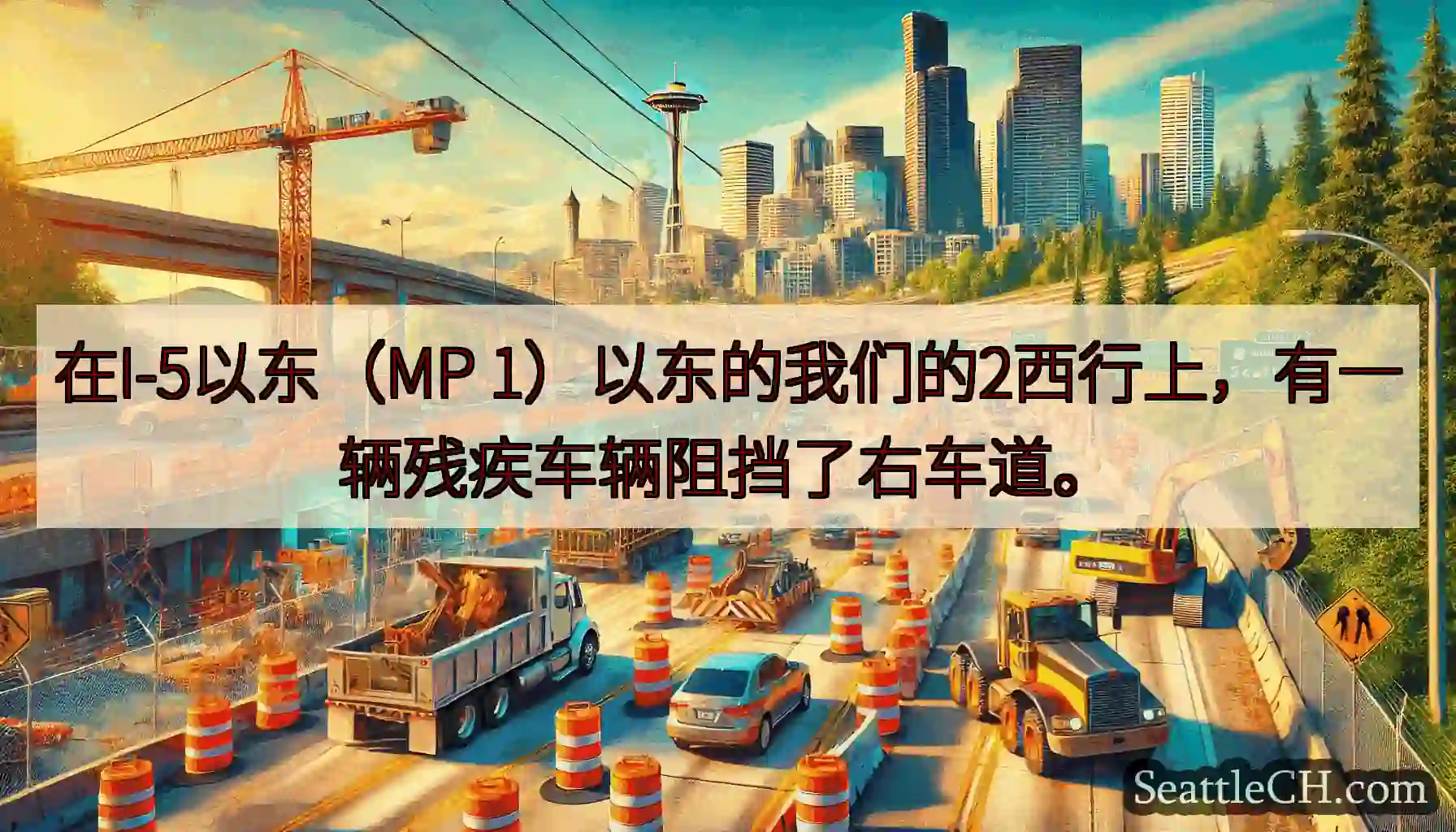 在I-5以东（MP 1）以东的我们的2西行上，有一辆残疾车辆阻挡了右车道。