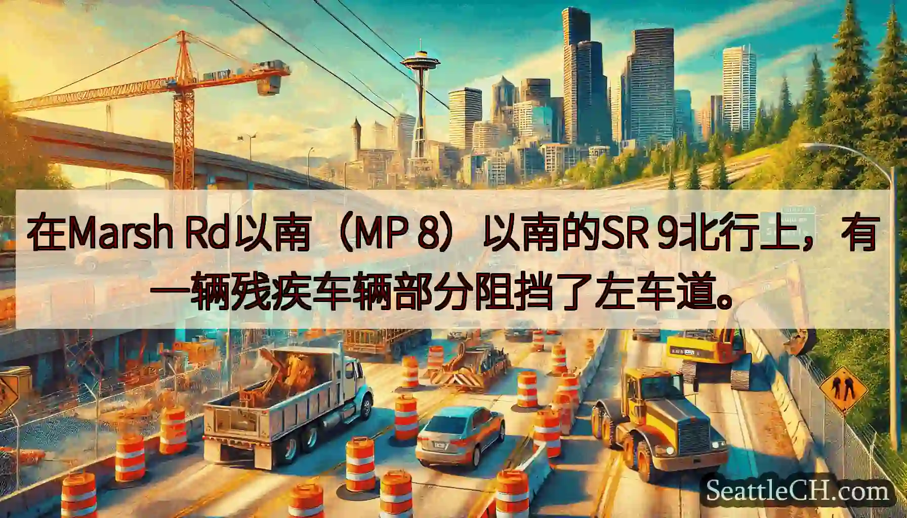 在Marsh Rd以南（MP 8）以南的SR 9北行上，有一辆残疾车辆部分阻挡了左车道。