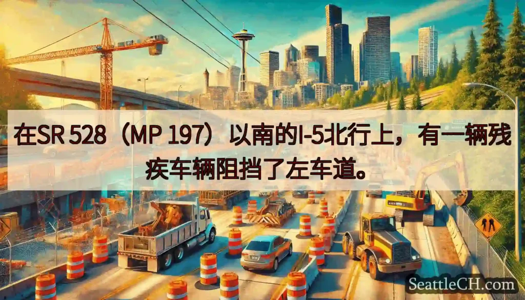 在SR 528（MP 197）以南的I-5北行上，有一辆残疾车辆阻挡了左车道。