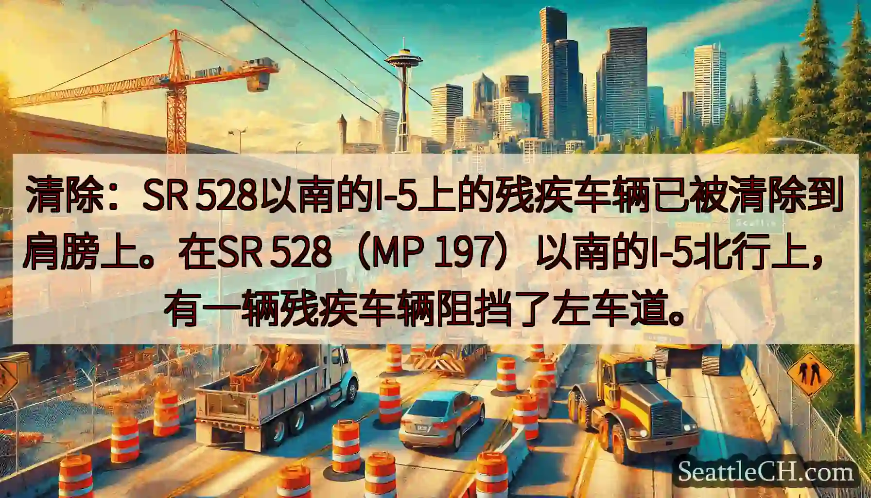 清除：SR 528以南的I-5上的残疾车辆已被清除到肩膀上。在SR 528（MP
