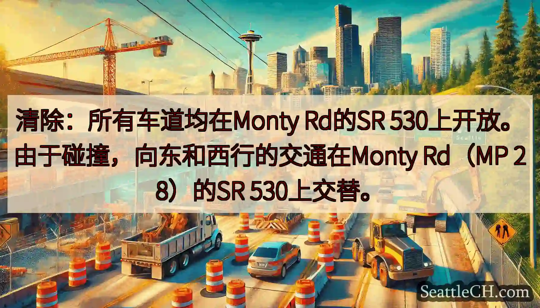 清除：所有车道均在Monty Rd的SR 530上开放。由于碰撞，向东和西行的交通在Monty
