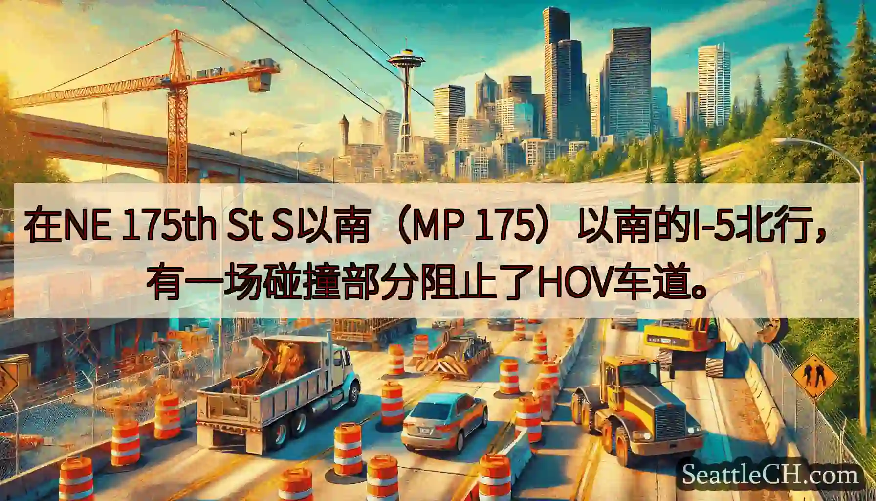 在NE 175th St S以南（MP 175）以南的I-5北行，有一场碰撞部分阻止了HOV车道。