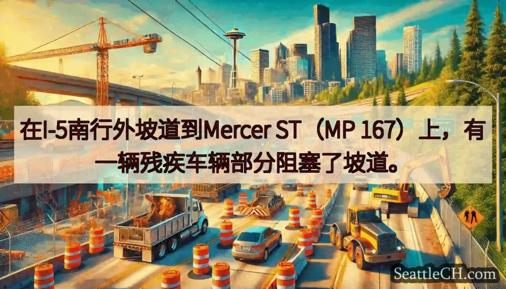 在I-5南行外坡道到Mercer ST（MP 167）上，有一辆残疾车辆部分阻塞了坡道。