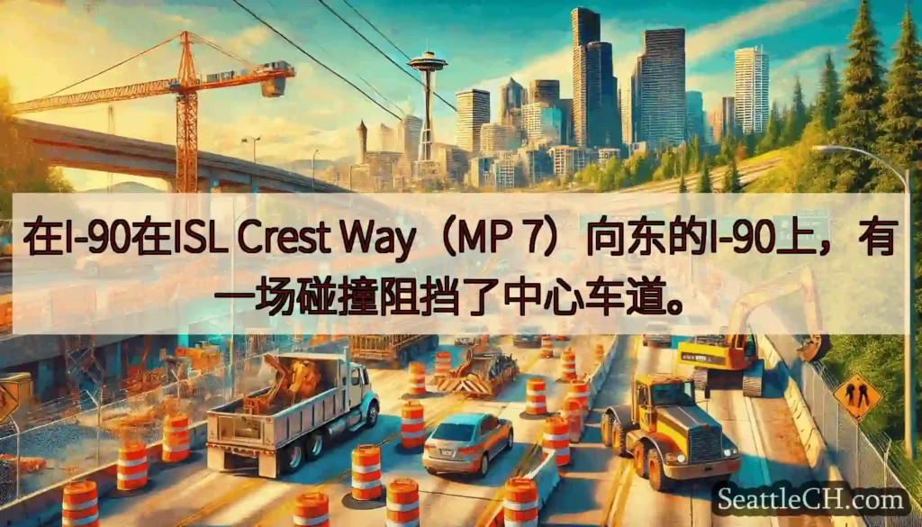 在I-90在ISL Crest Way（MP 7）向东的I-90上，有一场碰撞阻挡了中心车道。