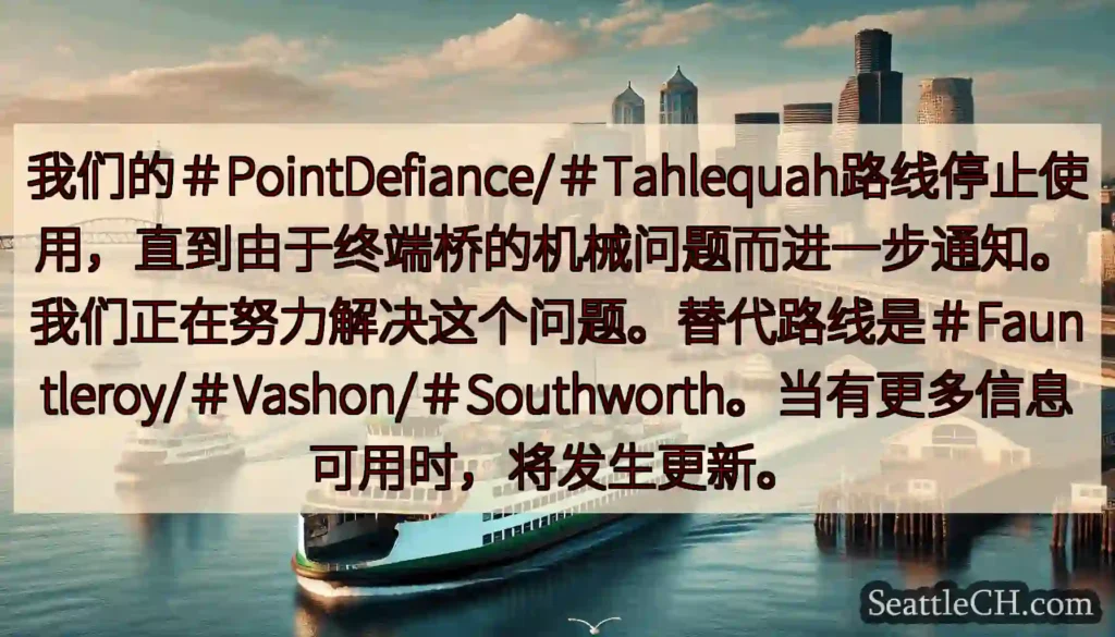 我们的＃PointDefiance/＃Tahlequah路线停止使用，直到由于终端桥的机械问题而进一