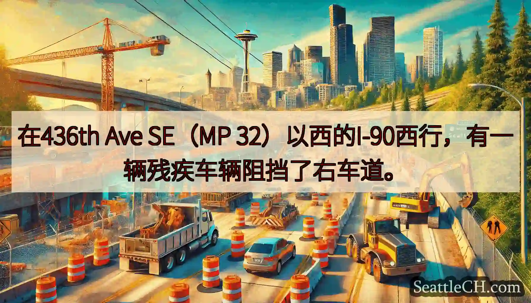 在436th Ave SE（MP 32）以西的I-90西行，有一辆残疾车辆阻挡了右车道。