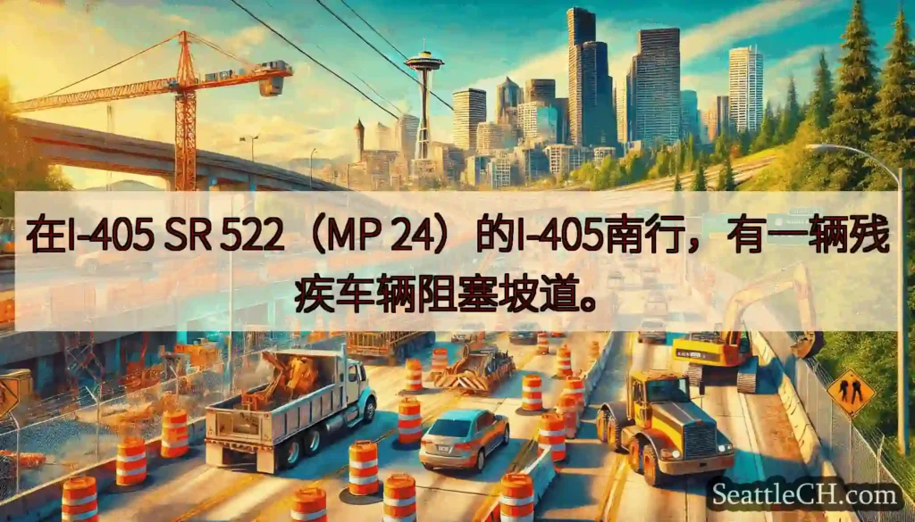 在I-405 SR 522（MP 24）的I-405南行，有一辆残疾车辆阻塞坡道。