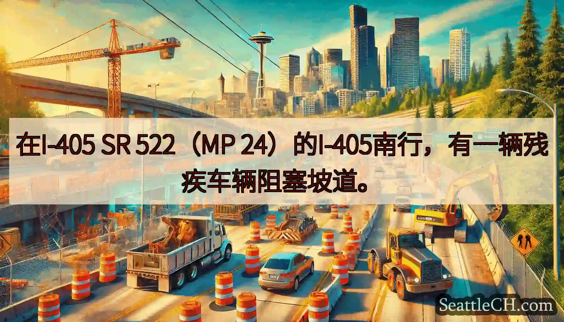 在I-405 SR 522（MP 24）的I-405南行，有一辆残疾车辆阻塞坡道。