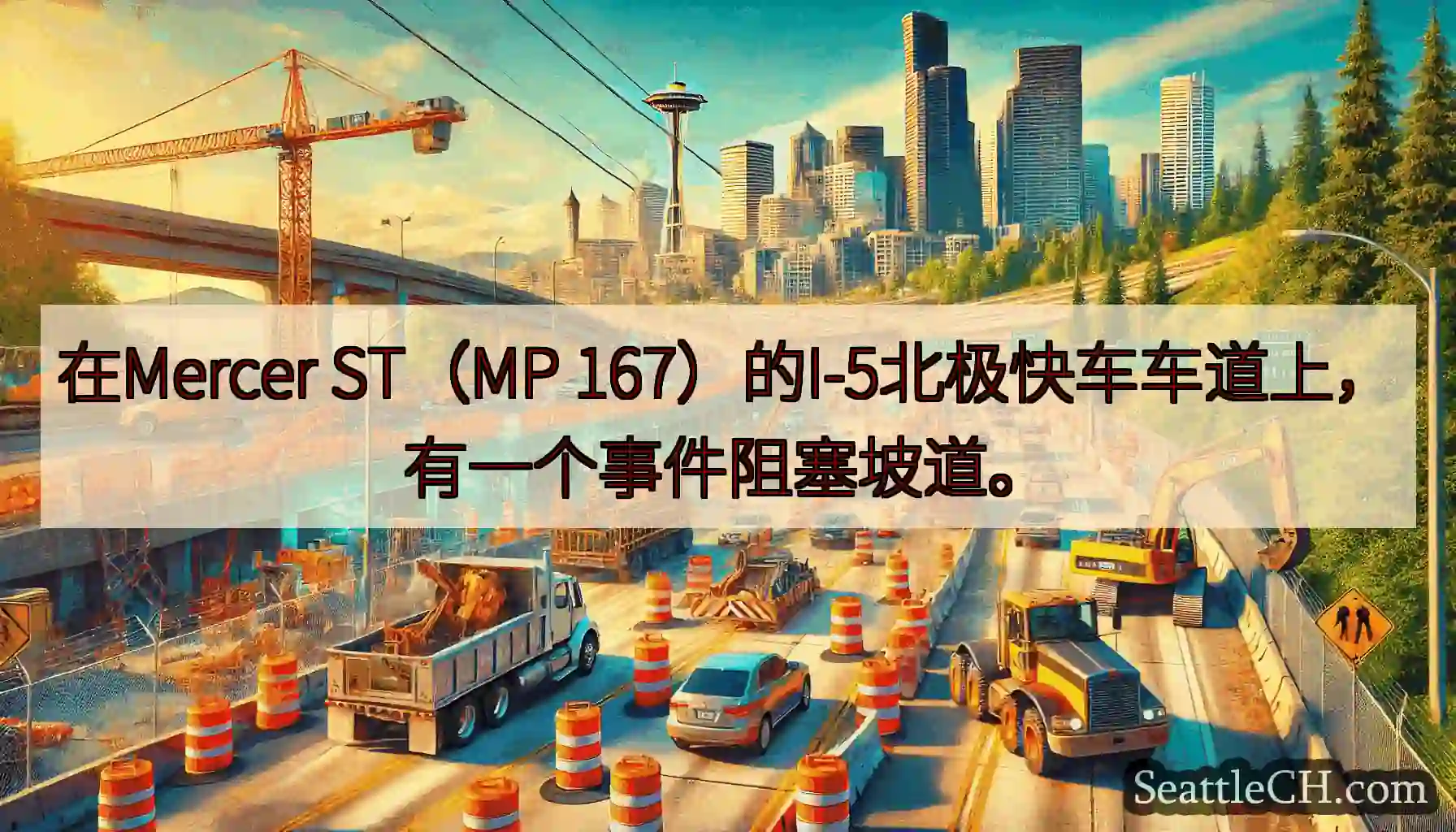在Mercer ST（MP 167）的I-5北极快车车道上，有一个事件阻塞坡道。