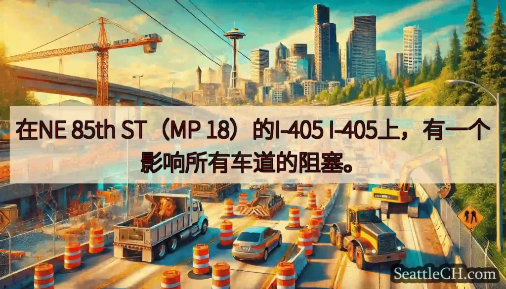 在NE 85th ST（MP 18）的I-405 I-405上，有一个影响所有车道的阻塞。