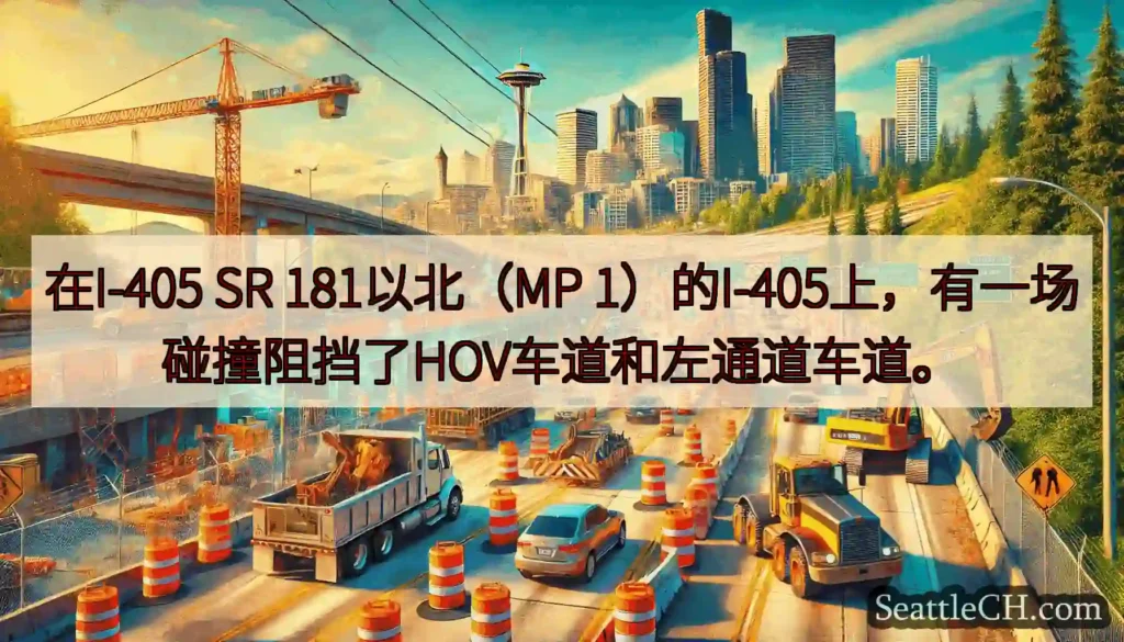 在I-405 SR 181以北（MP 1）的I-405上，有一场碰撞阻挡了HOV车道和左通道车道。