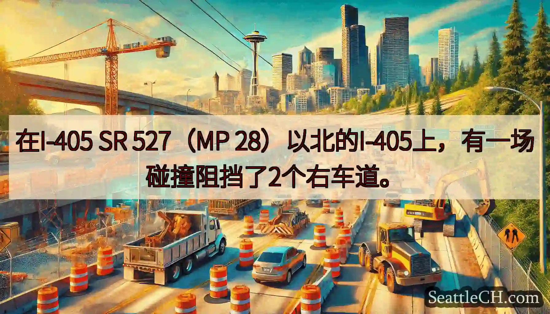 在I-405 SR 527（MP 28）以北的I-405上，有一场碰撞阻挡了2个右车道。