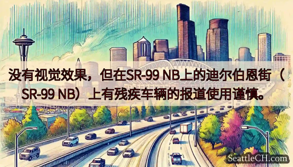 没有视觉效果，但在SR-99 NB上的迪尔伯恩街（SR-99 NB）上有残疾车辆的报道使用谨慎。