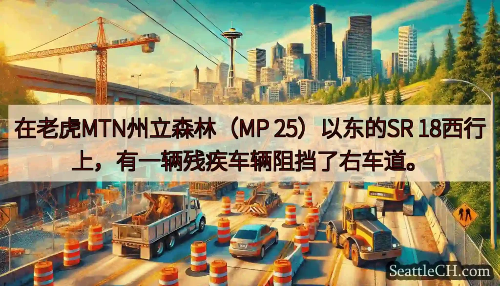 在老虎MTN州立森林（MP 25）以东的SR 18西行上，有一辆残疾车辆阻挡了右车道。
