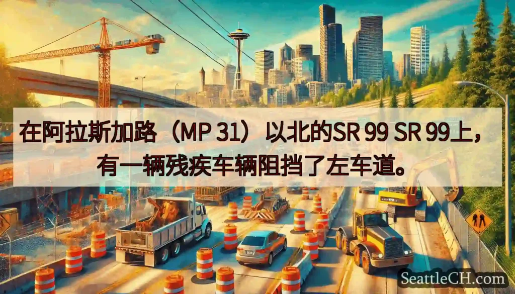 在阿拉斯加路（MP 31）以北的SR 99 SR 99上，有一辆残疾车辆阻挡了左车道。