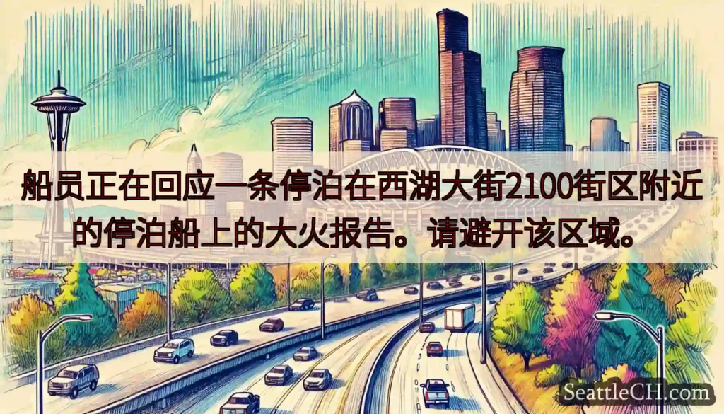 船员正在回应一条停泊在西湖大街2100街区附近的停泊船上的大火报告。请避开该区域。