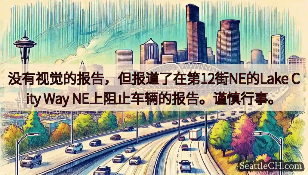 没有视觉的报告，但报道了在第12街NE的Lake City Way NE上阻止车辆的报告。谨慎行事。