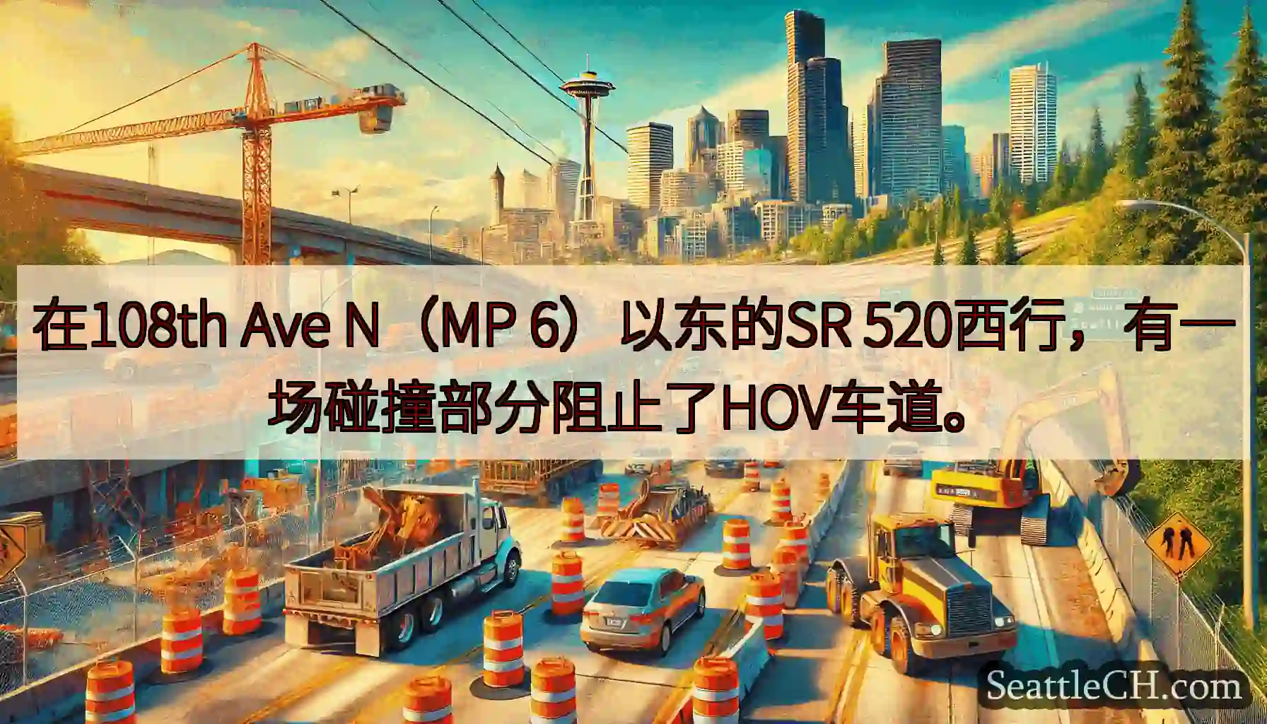 在108th Ave N（MP 6）以东的SR 520西行，有一场碰撞部分阻止了HOV车道。