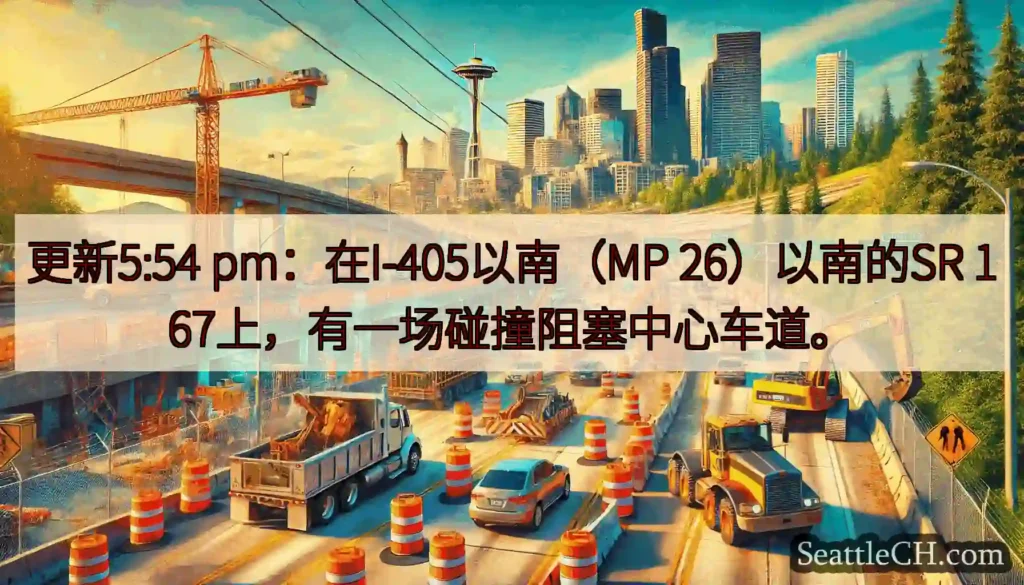 更新5:54 pm：在I-405以南（MP 26）以南的SR 167上，有一场碰撞阻塞中心车道。