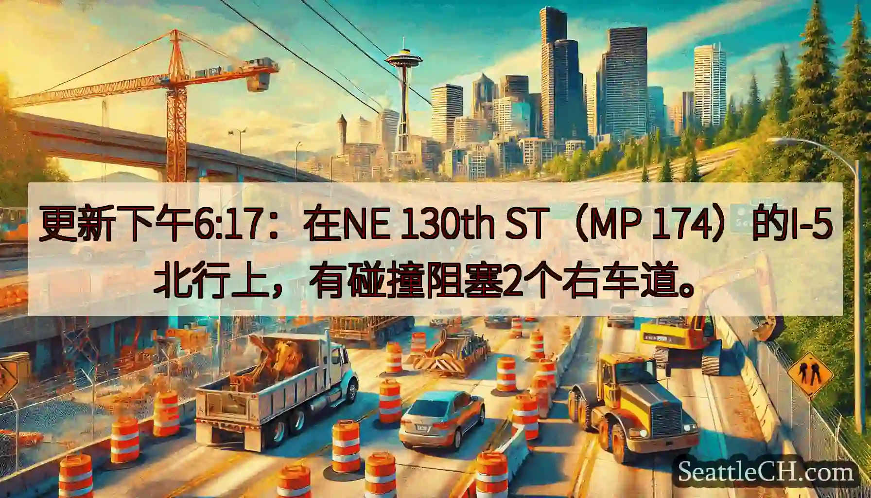 更新下午6:17：在NE 130th ST（MP 174）的I-5北行上，有碰撞阻塞2个右车道。
