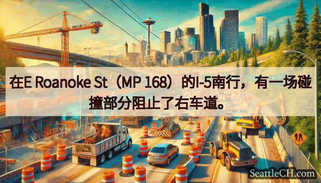 在E Roanoke St（MP 168）的I-5南行，有一场碰撞部分阻止了右车道。