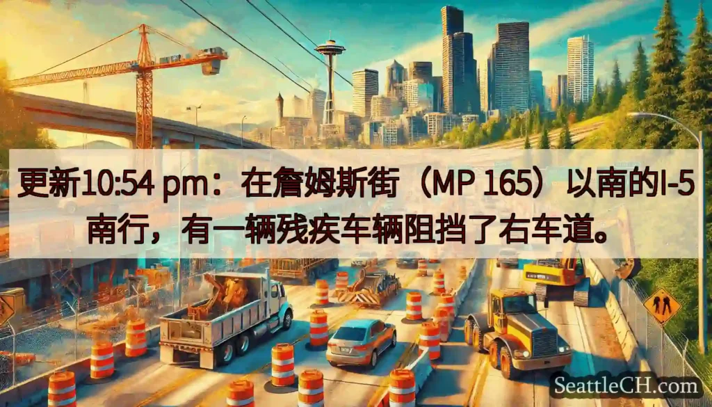 更新10:54 pm：在詹姆斯街（MP 165）以南的I-5南行，有一辆残疾车辆阻挡了右车道。