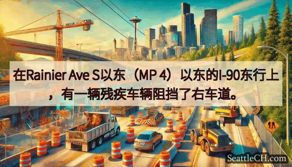 在Rainier Ave S以东（MP 4）以东的I-90东行上，有一辆残疾车辆阻挡了右车道。