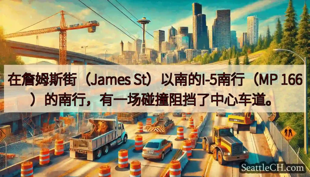 在詹姆斯街（James St）以南的I-5南行（MP 166）的南行，有一场碰撞阻挡了中心车道。