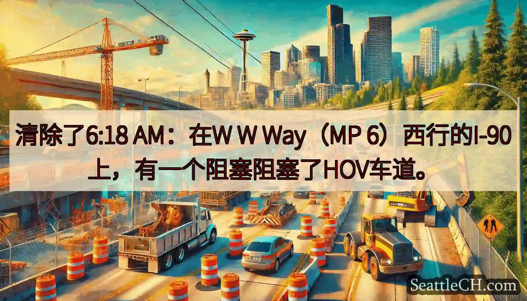 清除了6:18 AM：在W W Way（MP 6）西行的I-90上，有一个阻塞阻塞了HOV车道。