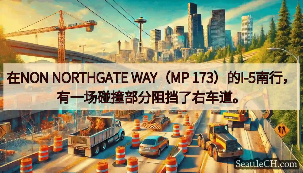 在NON NORTHGATE WAY（MP 173）的I-5南行，有一场碰撞部分阻挡了右车道。