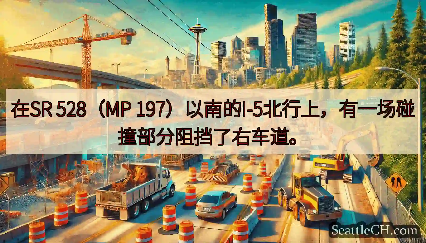 在SR 528（MP 197）以南的I-5北行上，有一场碰撞部分阻挡了右车道。