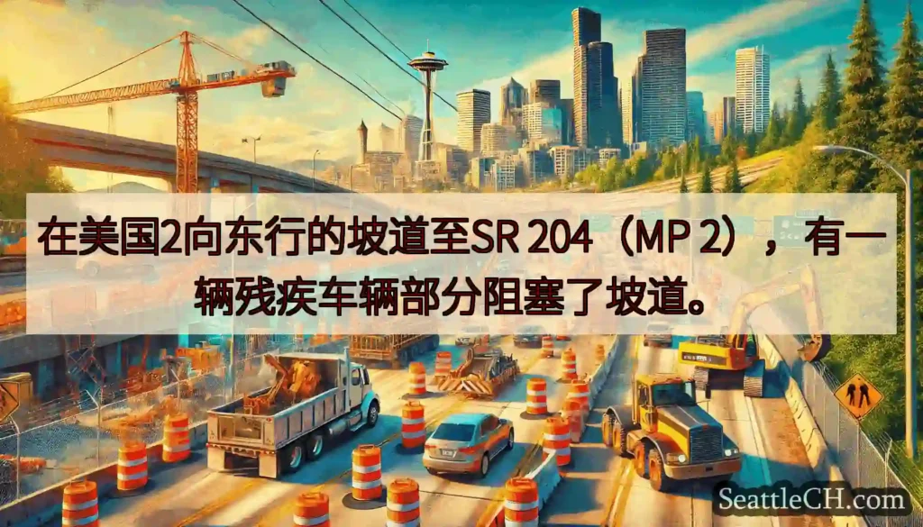 在美国2向东行的坡道至SR 204（MP 2），有一辆残疾车辆部分阻塞了坡道。