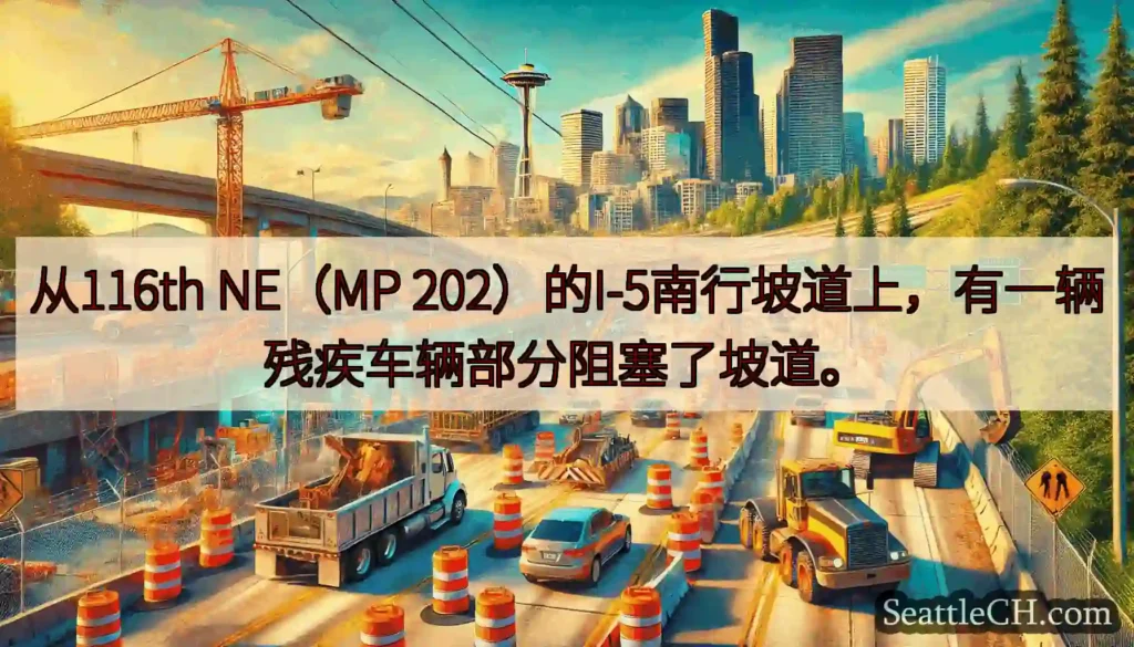 从116th NE（MP 202）的I-5南行坡道上，有一辆残疾车辆部分阻塞了坡道。