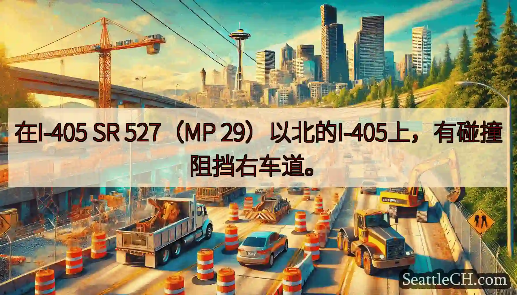 在I-405 SR 527（MP 29）以北的I-405上，有碰撞阻挡右车道。