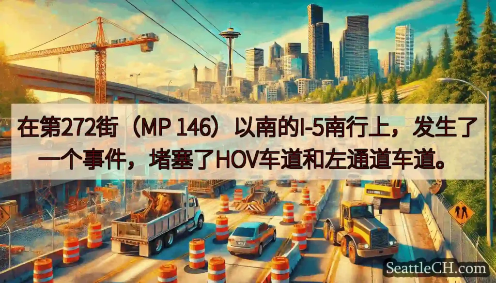 在第272街（MP 146）以南的I-5南行上，发生了一个事件，堵塞了HOV车道和左通道车道。