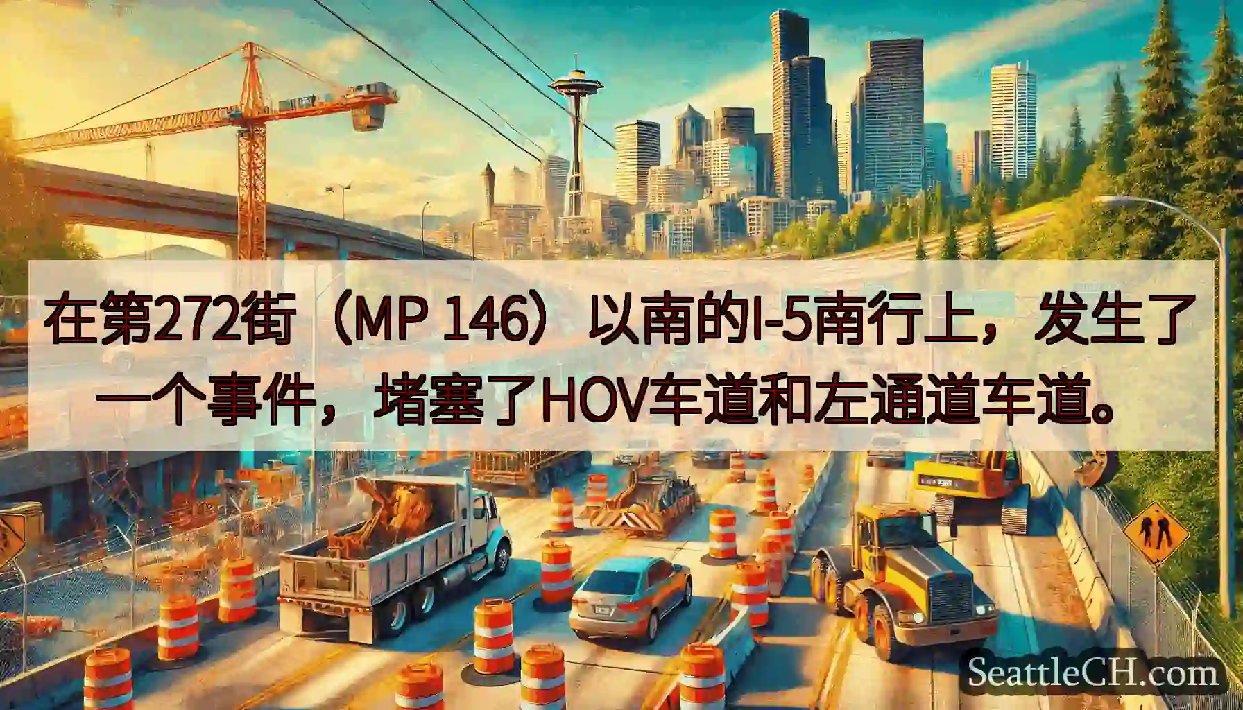 在第272街（MP 146）以南的I-5南行上，发生了一个事件，堵塞了HOV车道和左通道车道。