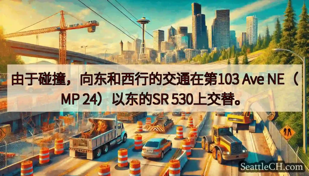 由于碰撞，向东和西行的交通在第103 Ave NE（MP 24）以东的SR 530上交替。