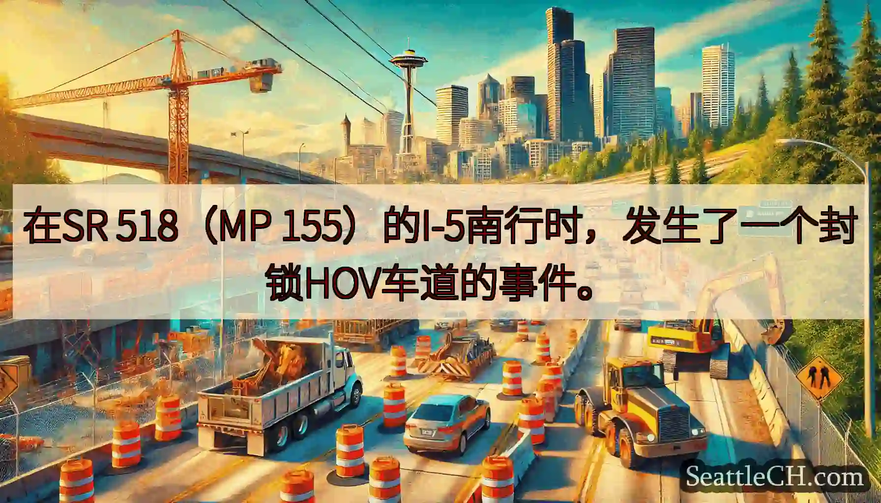 在SR 518（MP 155）的I-5南行时，发生了一个封锁HOV车道的事件。