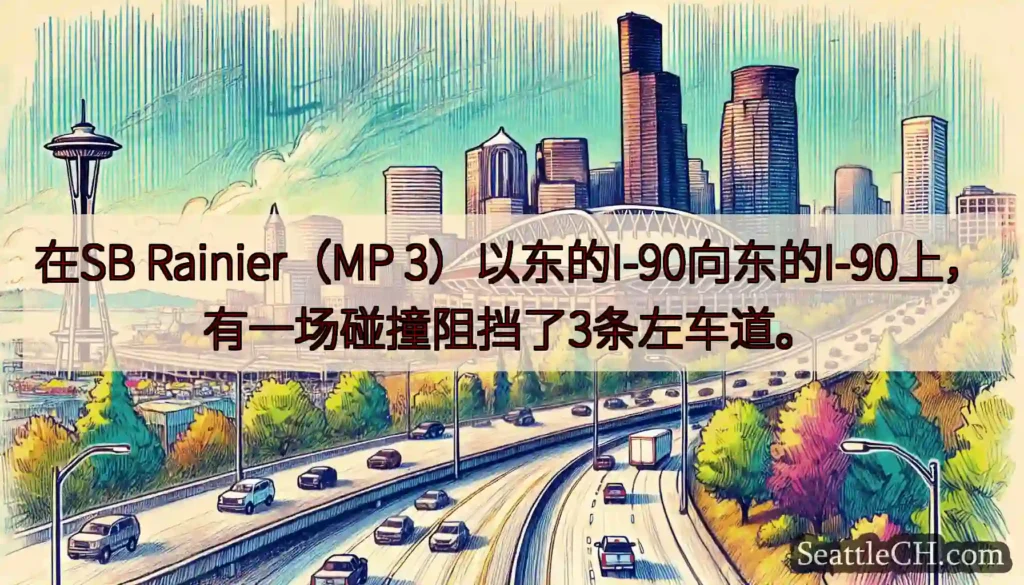 在SB Rainier（MP 3）以东的I-90向东的I-90上，有一场碰撞阻挡了3条左车道。