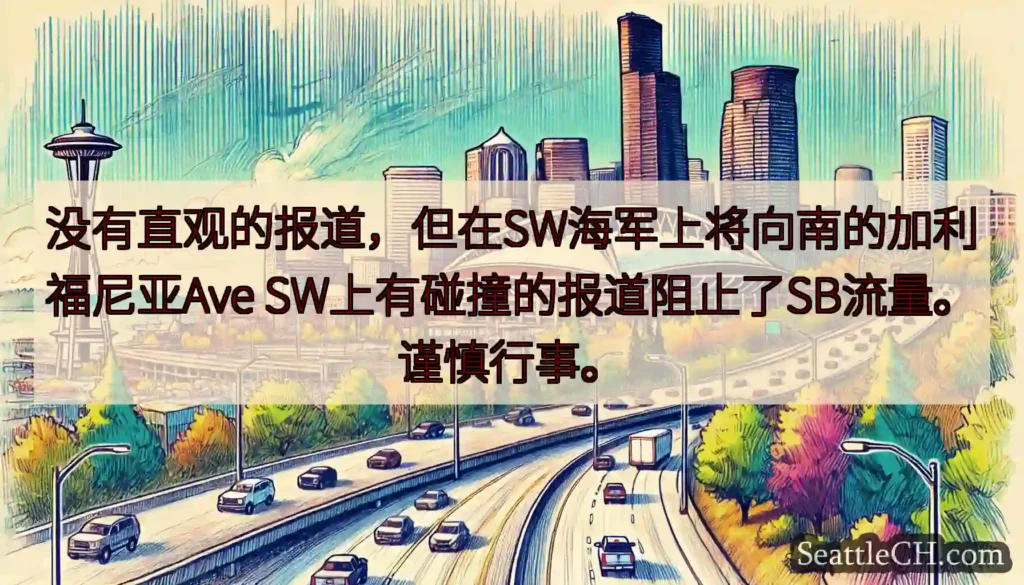没有直观的报道，但在SW海军上将向南的加利福尼亚Ave SW上有碰撞的报道阻止了SB流量。谨慎行事。