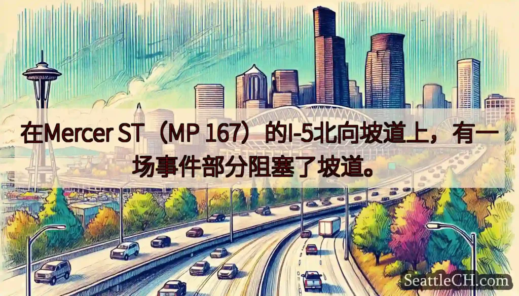 在Mercer ST（MP 167）的I-5北向坡道上，有一场事件部分阻塞了坡道。