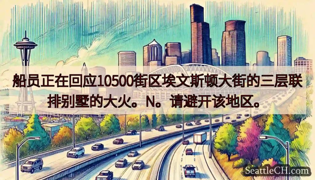 船员正在回应10500街区埃文斯顿大街的三层联排别墅的大火。N。请避开该地区。