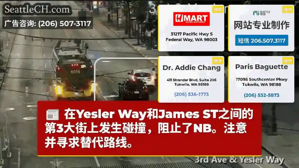 在Yesler Way和James ST之间的第3大街上发生碰撞，阻止了NB。注意并寻求替代路线。