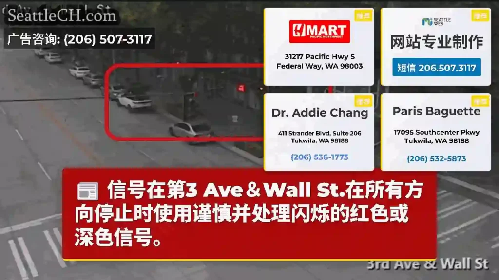 信号在第3 Ave＆Wall St.在所有方向停止时使用谨慎并处理闪烁的红色或深色信号。