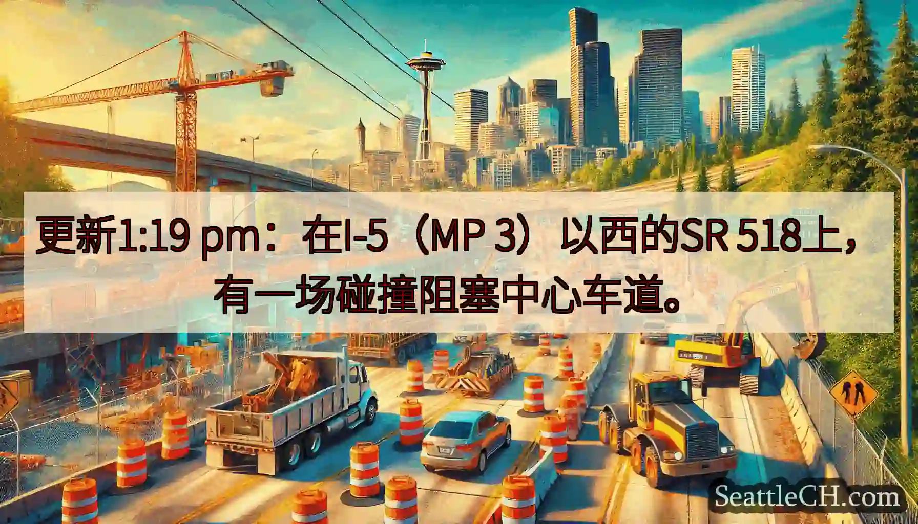 更新1:19 pm：在I-5（MP 3）以西的SR 518上，有一场碰撞阻塞中心车道。