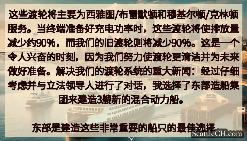 这些渡轮将主要为西雅图/布雷默顿和穆基尔顿/克林顿服务。当终端准备好充电功率时，这些渡轮将使排放量减