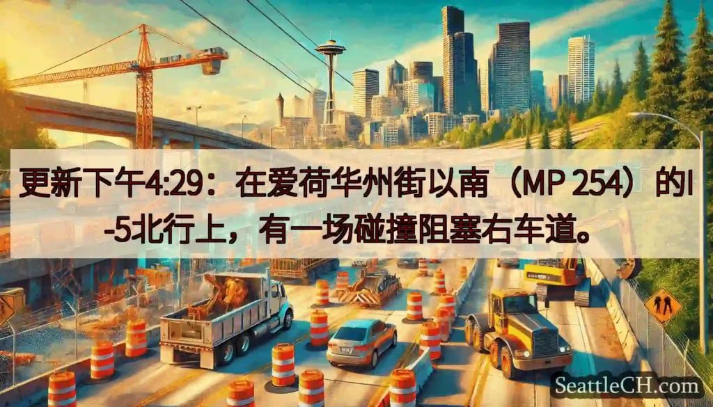 更新下午4:29：在爱荷华州街以南（MP 254）的I-5北行上，有一场碰撞阻塞右车道。