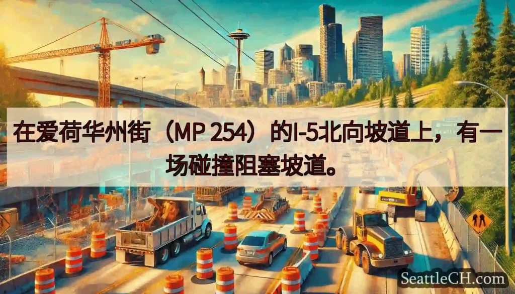 在爱荷华州街（MP 254）的I-5北向坡道上，有一场碰撞阻塞坡道。